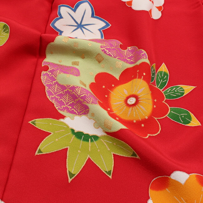 七五三 四ツ身女の子着物 正絹 仮絵羽 友禅 鮮やか赤 梅 可愛いうさぎ
