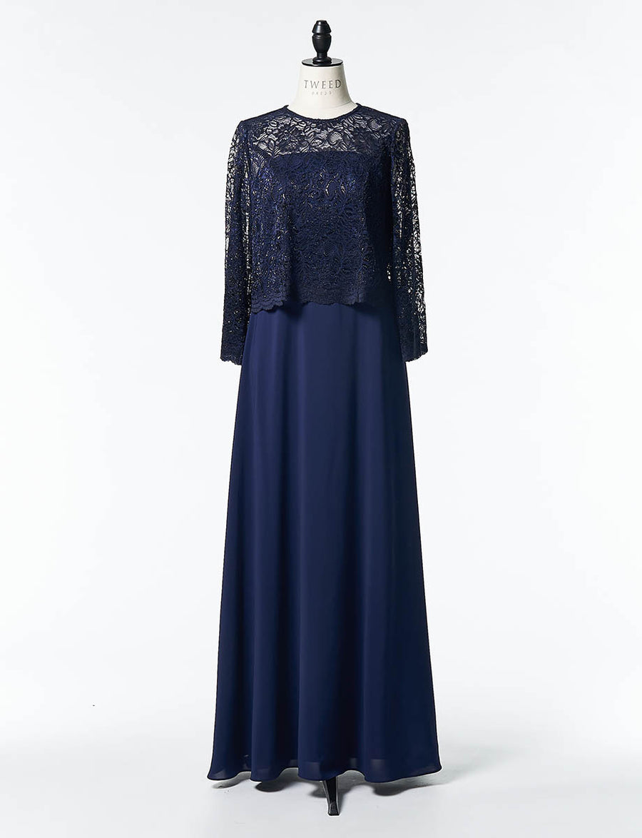 結婚式 母親ドレス ダークネイビーレース・マザーズドレス 長袖 MD0408