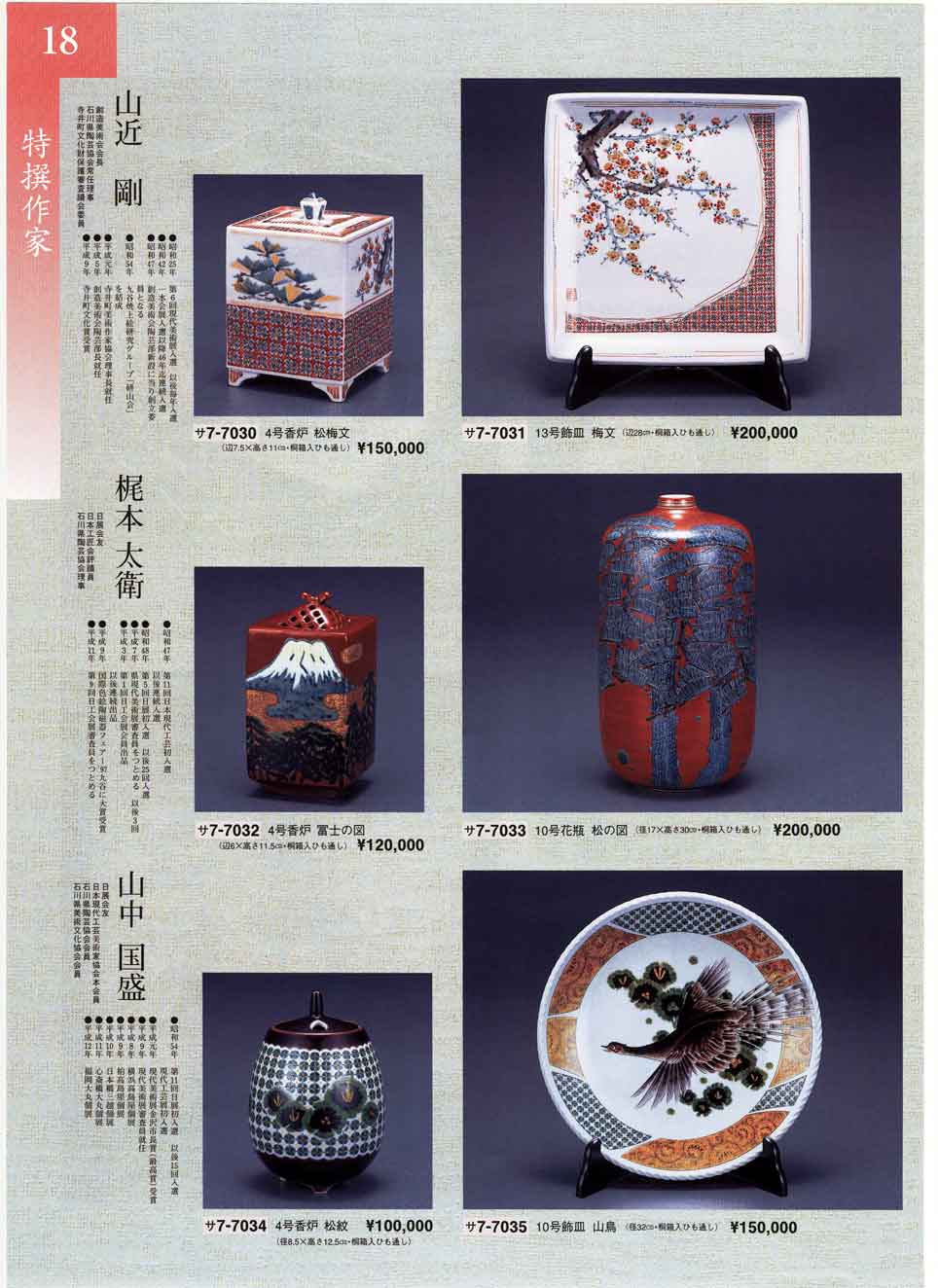 食器 作家作品山近剛 梶本太衛 山中国盛 香炉 飾皿 花瓶九谷焼特選会