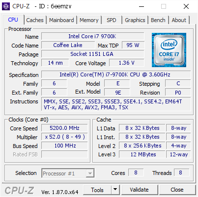 Intel Core i7 9700K @ 5200 MHz - CPU-Z VALIDATOR