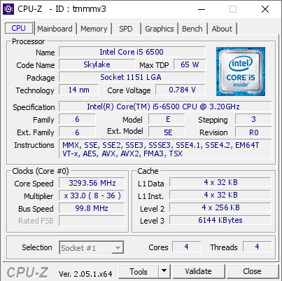 Intel Core i5 6500 @ 3293.56 MHz - CPU-Z VALIDATOR