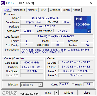 Intel Core i9 14900KS @ 6000 MHz - CPU-Z VALIDATOR