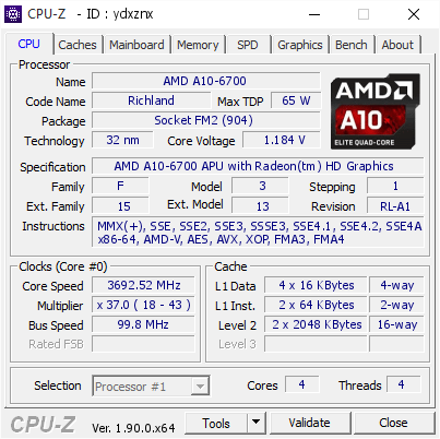 AMD A10-6700 @ 3692.52 MHz - CPU-Z VALIDATOR