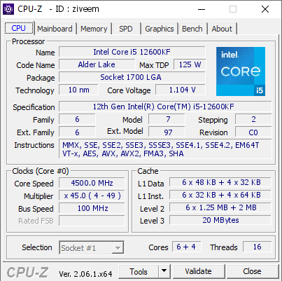 Intel Core i5 12600KF @ 4500 MHz - CPU-Z VALIDATOR