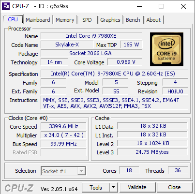 Intel Core i9 7980XE @ 3399.6 MHz - CPU-Z VALIDATOR