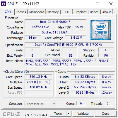 Intel Core i5 9600KF @ 5401.3 MHz - CPU-Z VALIDATOR
