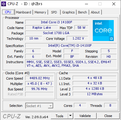 Intel Core i3 14100F @ 4489.02 MHz - CPU-Z VALIDATOR