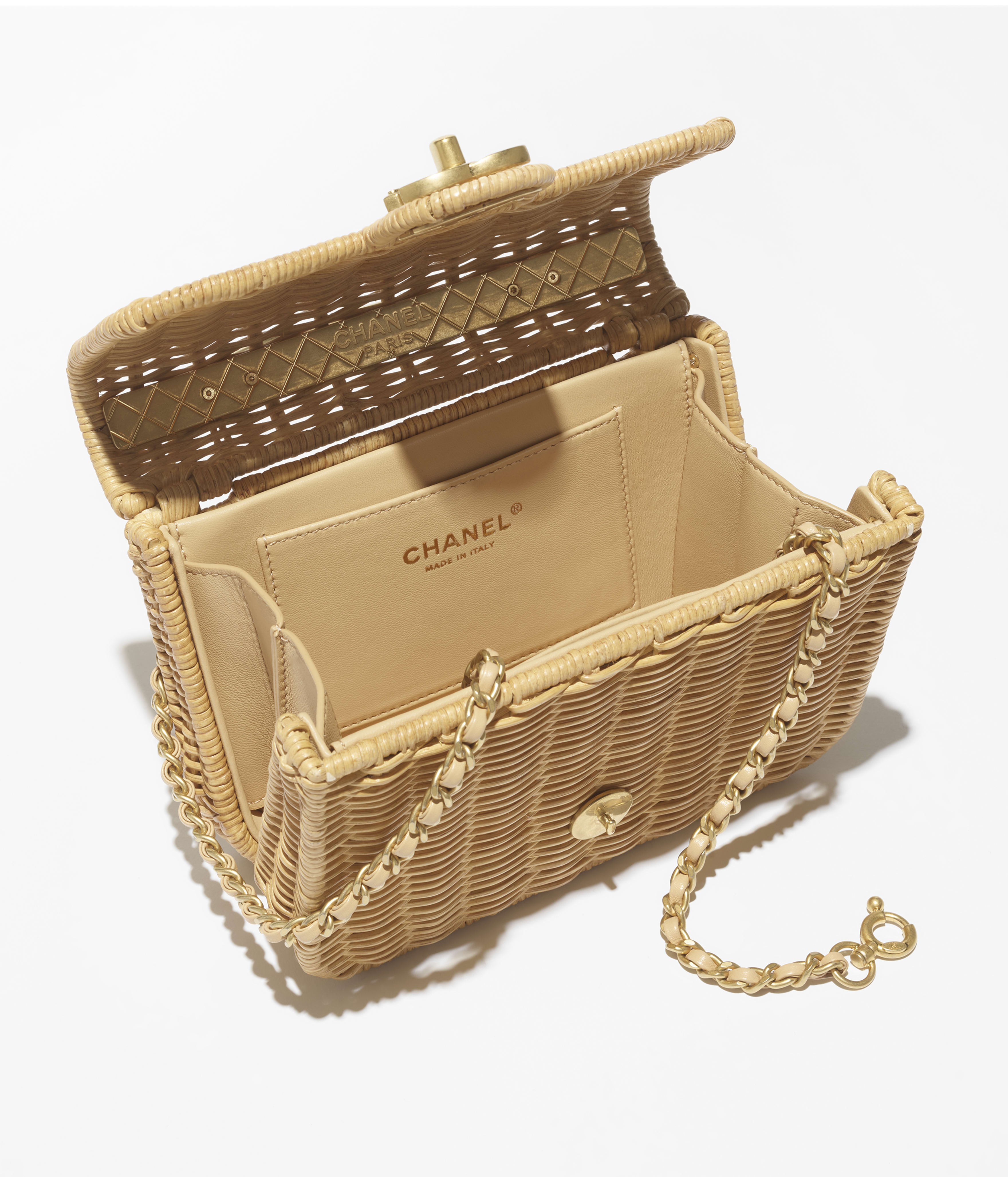 トップハンドル ミニ フラップ バッグ、ブレード ラタン、ベージュ