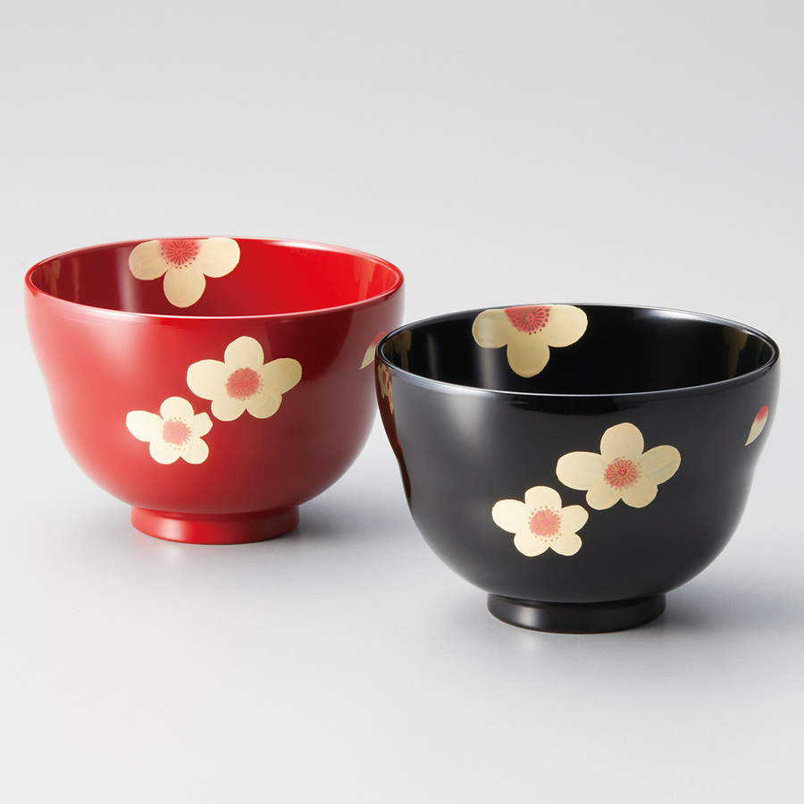 夫婦椀 花 福々汁椀 溜（ため）・朱 2客セット 12-04503 漆器の井助