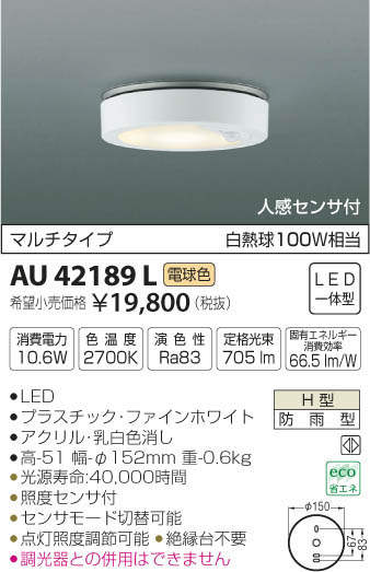 コイズミ照明 KOIZUMI 防雨型シーリング AU42189L | 商品紹介 | 照明