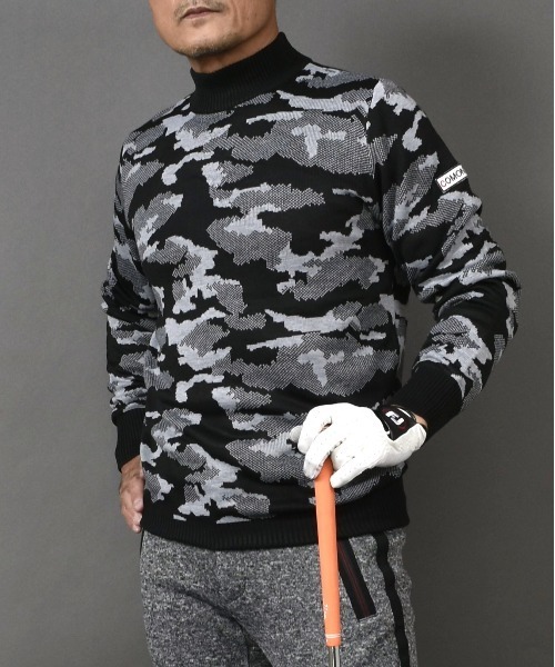 セール】ニット素材 迷彩 柄 モックネック ゴルフ ウェア セーター