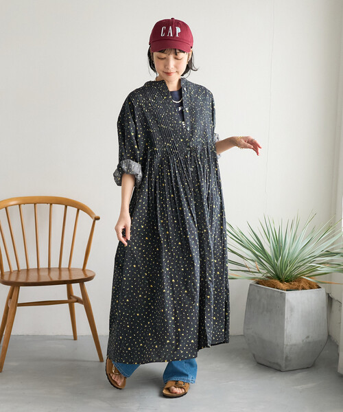 インド ピンタックワンピース/マオカラーシャツワンピース（ワンピース