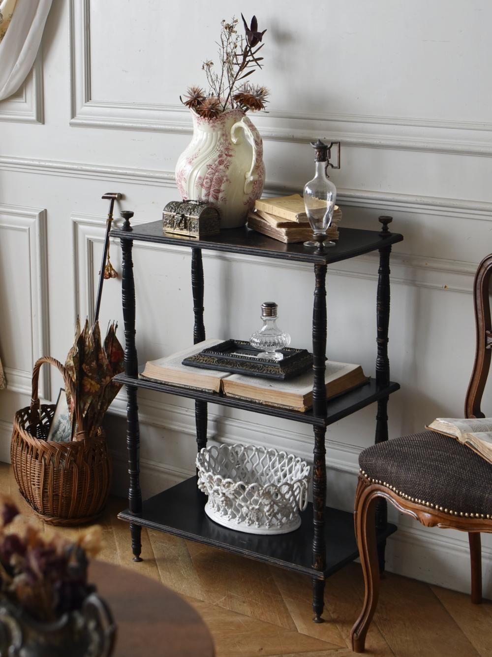 アンティークシェルフ フレンチ3段シェルフ ブラック飾り棚 オープン
