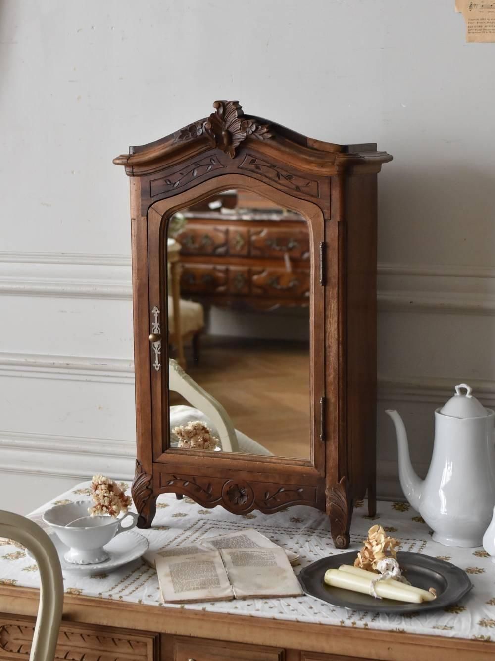 ミラー付きスモールキャビネット フランスアンティーク小型家具 卓上