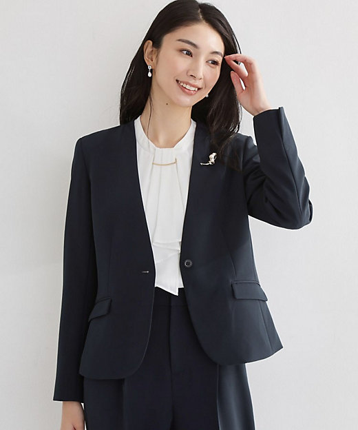 通勤・セレモニー】ダブルクロス ノーカラージャケット／セットアップ