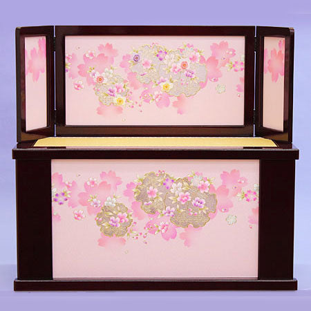 雛人形・収納台屏風セット 幅80cm 薄型-ピンク雪輪に桜 – 寿鳳人形の東芸