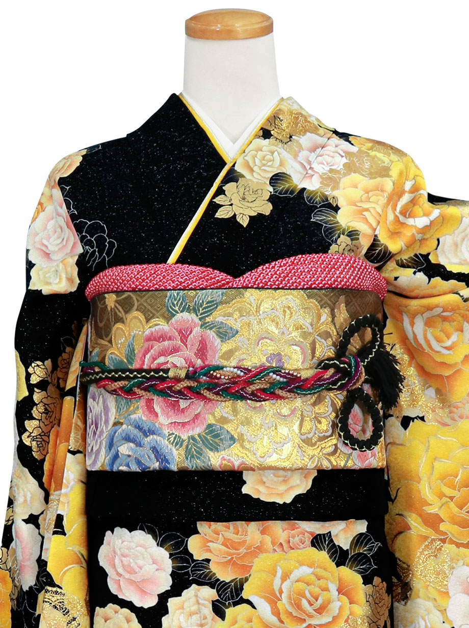 墨色地に金の薔薇の振袖／標準サイズ | 宅配着物レンタルの京都かしきもの