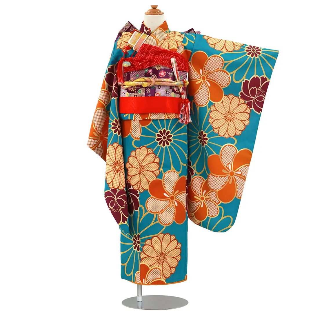 ターコイズブルーにレトロなオレンジのねじり梅の着物／七五三・七歳
