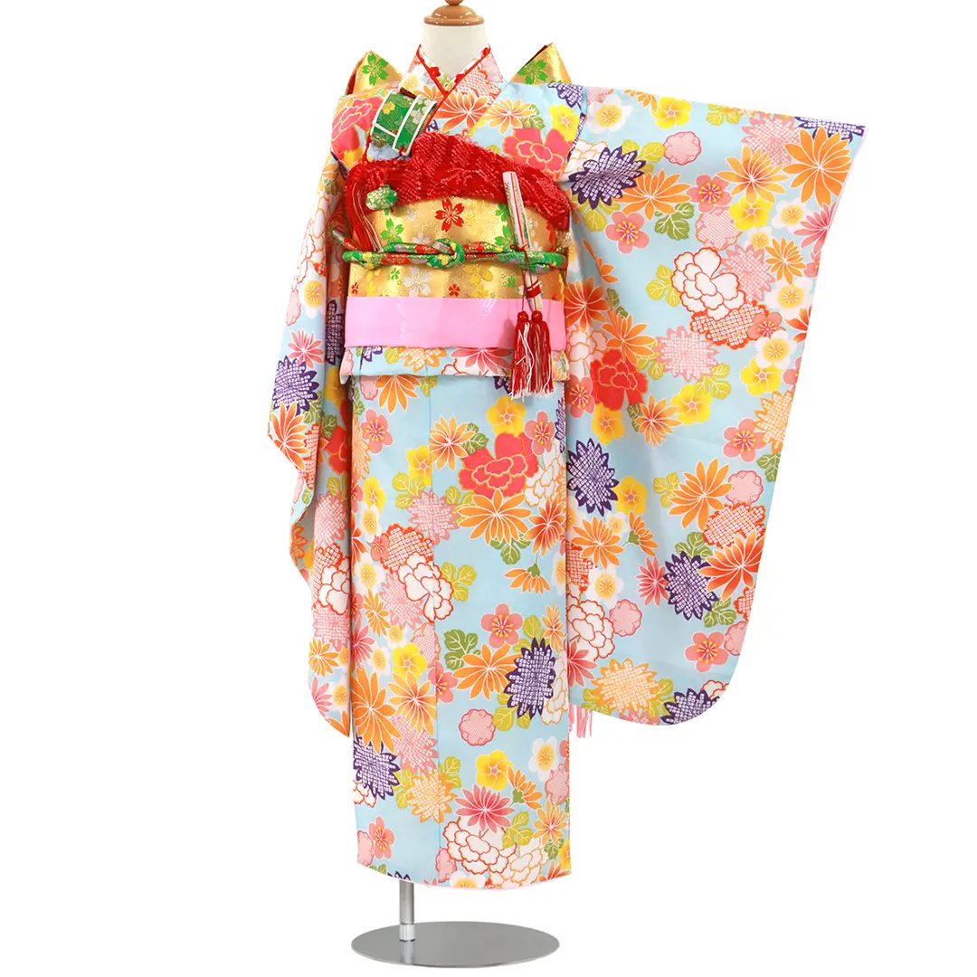 水色地にカラフルな四季花の着物／七五三・七歳女の子 | 宅配着物