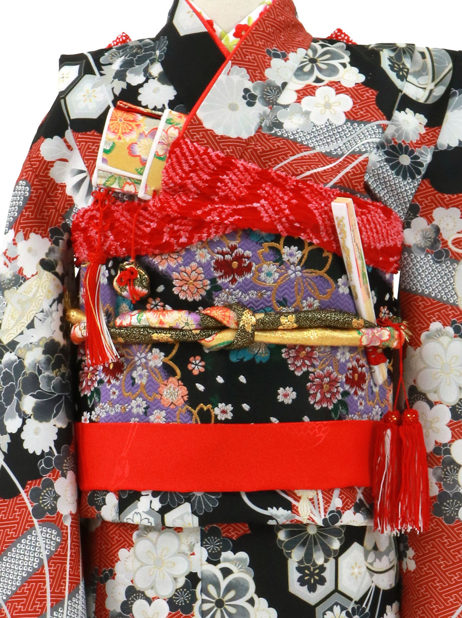 赤地に疋田のエ霞の着物／七五三・七歳女の子 | 宅配着物レンタルの