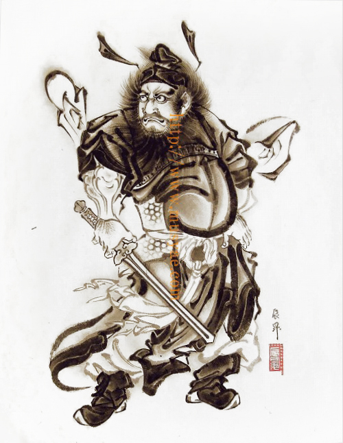 肉筆墨絵「額装鍾馗」 辰昇作 いわき絵のぼり