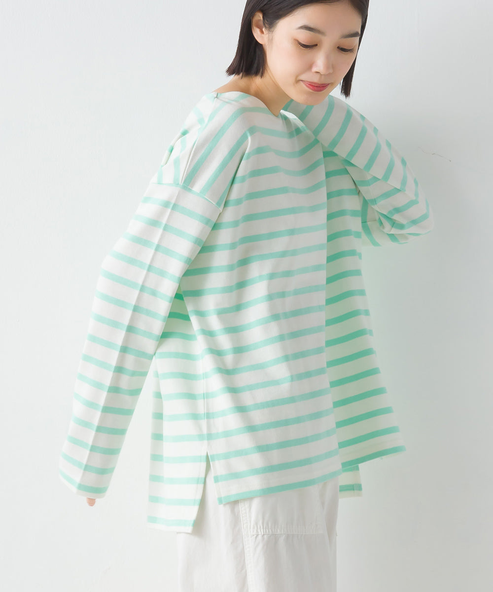 OMNES PURPLE LABEL】10番単ボーダーワイドシルエットスリット長袖T