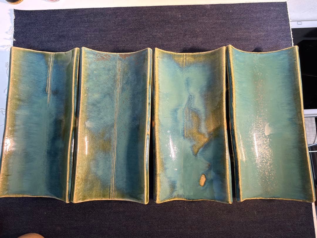 至高の逸品】織部焼 南窯 足付長皿＆小鉢 4客セット 木箱付 豪華絢爛