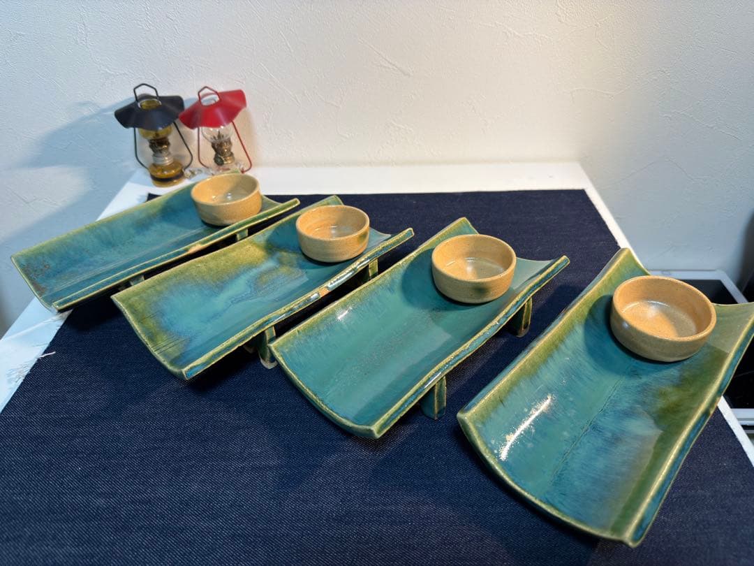 至高の逸品】織部焼 南窯 足付長皿＆小鉢 4客セット 木箱付 豪華絢爛